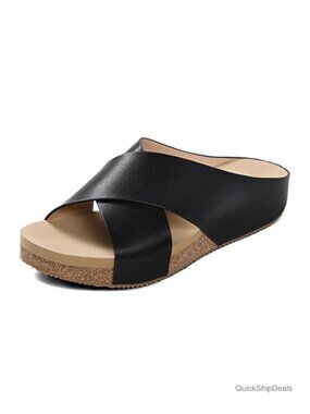 Women's Cork Slide Sandals Slip On Open Toe Platform Flat Sandals Summer